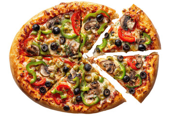 A delicious whole pizza with a slice missing, topped with veggies