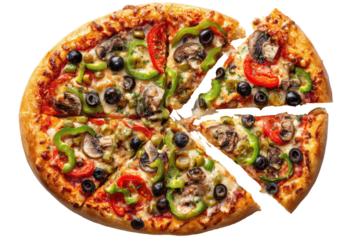 A delicious whole pizza with a slice missing, topped with veggies