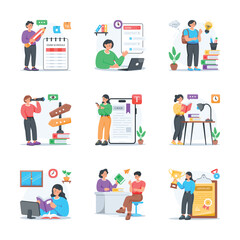 Collection of back to school and education, learning flat style illustrations
