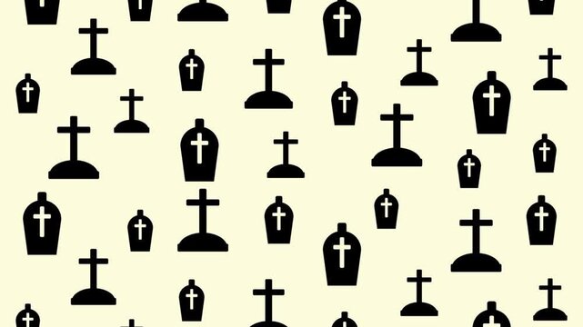 Minimalist vector background featuring repeating black tombstones and Christian crosses on pale cream color for horror theme