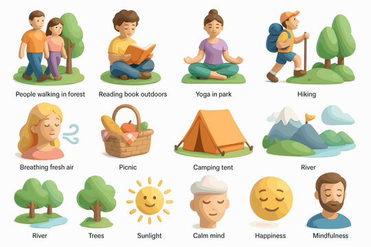 Mindfulness and Outdoor Activities 3D Icons – Meditation, Hiking, and Nature Relaxation - Powered by Adobe