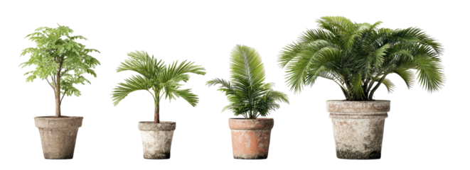 Four potted green plants of various sizes and types