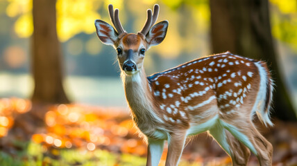 A close-up photograph of a young white-tailed deer fawn standing in a sunlit autumn forest.