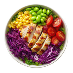 Overhead view of a vibrant chicken and vegetable salad bowl