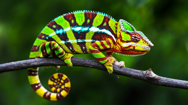 A close-up photograph of a vibrant Panther Chameleon perched on a dark brown branch against a blurred green background - Powered by Adobe