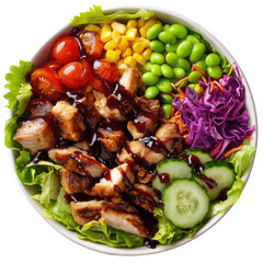A vibrant, fresh chicken salad bowl brimming with colorful ingredients