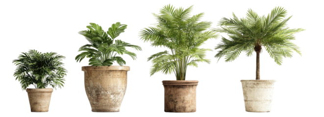 Four potted green plants of varying sizes and styles