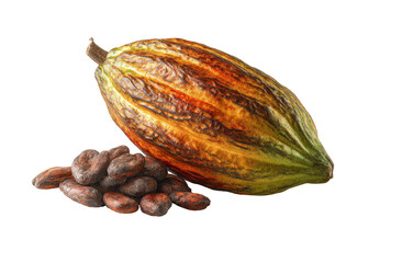 Ripe cacao pod with harvested beans on black background