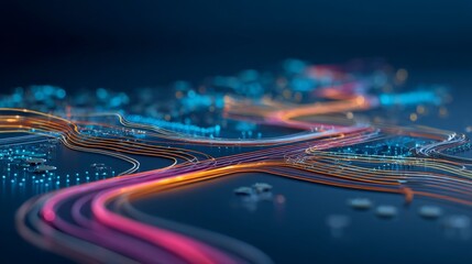 Digital network data flow concept with colorful light trails on blue