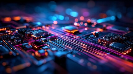 Glowing circuit board close up with vibrant neon blue and orange lights