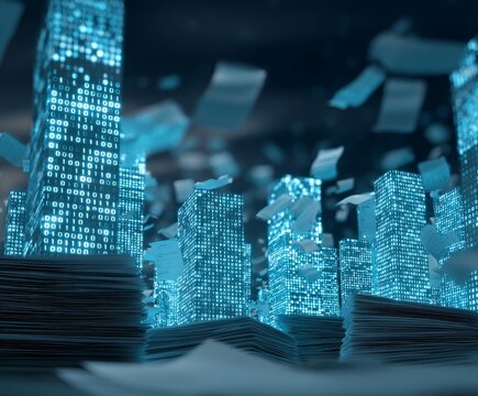 Digital Cityscape with Binary Code and Flying Papers Cybersecurity Data