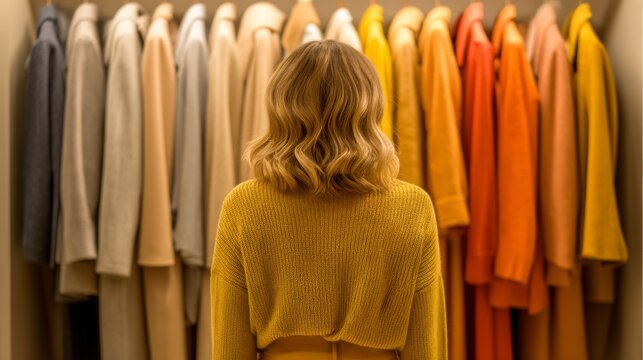 Woman Chooses Clothes in Closet with Color Gradient Sweaters and Shirts