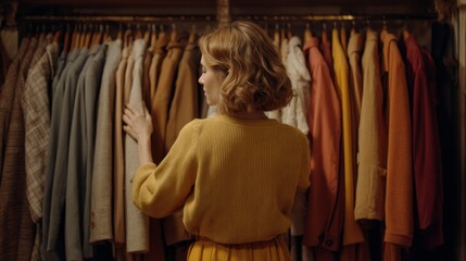 Fototapeta premium Woman choosing clothes in wardrobe with warm colored coats and blazers