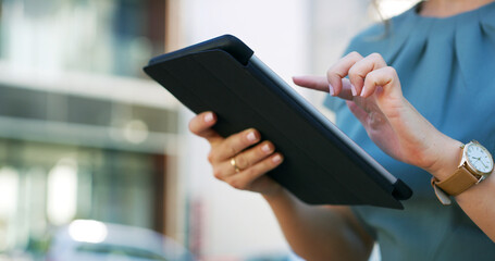 Digital, hands or businesswoman in town with tablet, schedule change or online networking on walk. Communication, check or consultant in city with tech, email update or stakeholder chat during break.