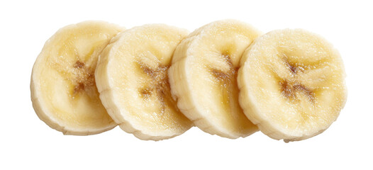 Four slices of ripe banana arranged in a row on a black background