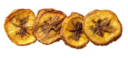 Four golden-brown dried banana slices arranged in a row
