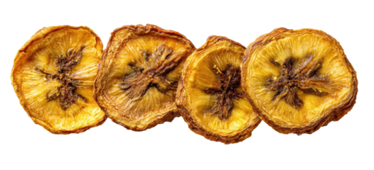 Four golden-brown dried banana slices arranged in a row