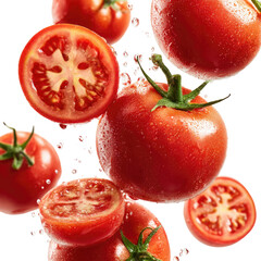 Ripe, juicy tomatoes are suspended and sliced in mid-air