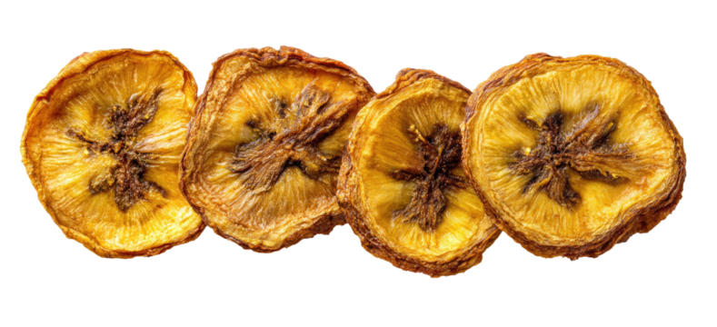 Four golden-brown dried banana slices arranged in a row