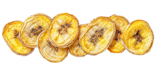 Crispy yellow banana slices arranged in a line, detailed texture