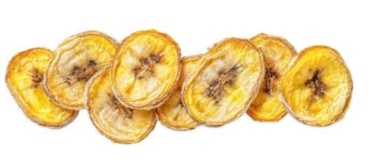 Crispy yellow banana slices arranged in a line, detailed texture