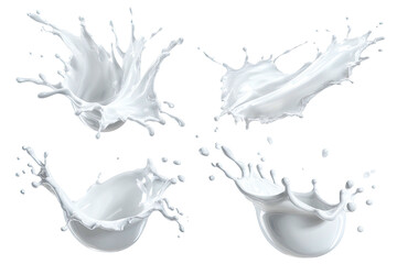 Four dynamic white liquid splashes frozen mid-air