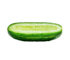 A fresh cucumber half, revealing crisp green flesh and seeds