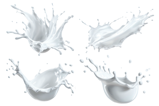 Four dynamic white liquid splashes frozen mid-air