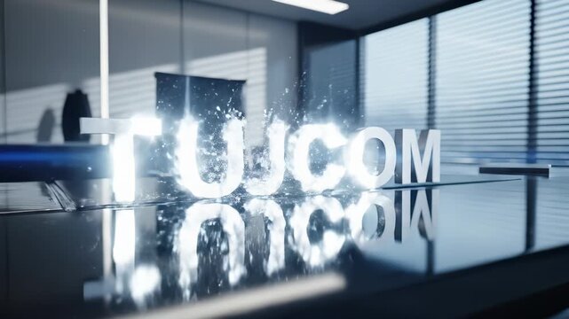 TUJCOM 3D Logo Animation on Reflective Office Desk.