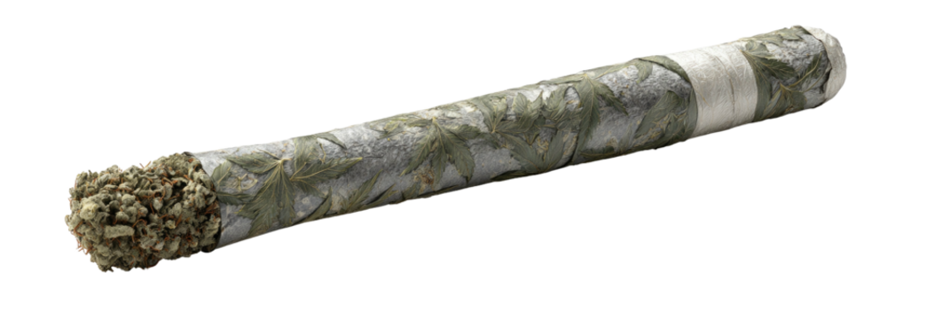 A loosely rolled cigarette, filled with cannabis flower and leaves