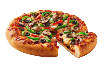 Round pizza with crust, cheese, mushrooms, peppers, and olives