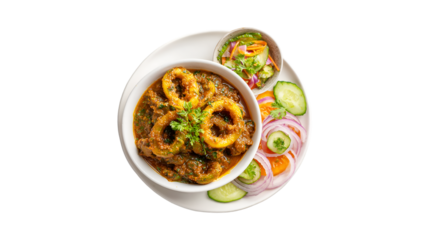 A delicious bowl of spicy squid ring curry served with fresh vegetable salads on a white plate