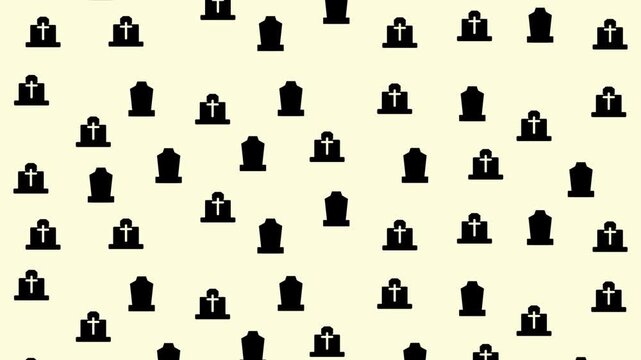 Graveyard seamless design featuring dark headstones with cross symbols on pale cream background for spooky Halloween pattern