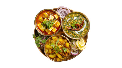 Fototapeta premium A traditional Indian thali with paneer curry dal and potato curry served with fresh salad and lemon on a brass platter