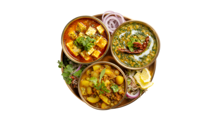 A traditional Indian thali with paneer curry dal and potato curry served with fresh salad and lemon on a brass platter