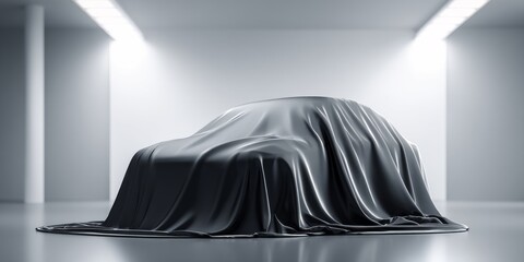 New car covered with black cloth for presentation in bright showroom