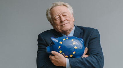 Embracing the future: A senior citizen cradles a piggy bank, representing financial security and planning for a prosperous future.