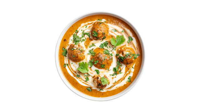 A delicious bowl of Indian curry with vegetable kofta balls in a creamy tomato gravy topped with fresh herbs and cream
