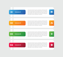 4 points infographic with gradient style with rectangle box with round badge on each side with 4 elements stages