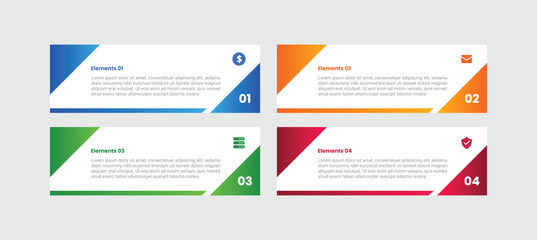 4 points infographic with gradient style with rectangle box with triangle slice on each side with 4 elements stages