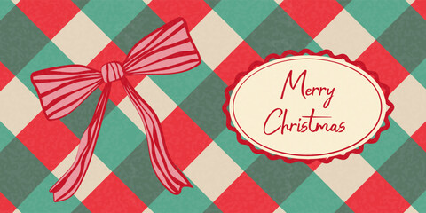 Red bow with striped ribbon on a checkered background. Merry Christmas card or banner design. Holiday card with a festive message.