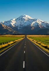 Scenic Open Road Leading to Majestic Snow-Capped Mountain Under Clear Blue Sky.