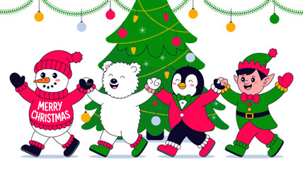 Fototapeta premium Joyful christmas characters including a snowman polar bear penguin and elf dancing happily around a decorated tree