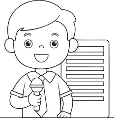 Joyful cartoon boy journalist holding microphone ready to report news childrens coloring page