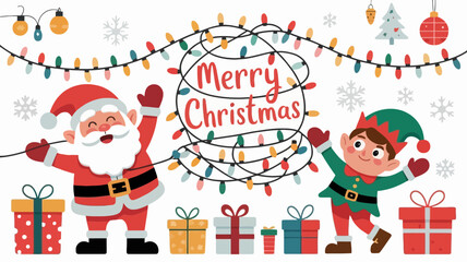 Fototapeta premium Joyful santa claus and elf decorating with colorful christmas lights and gifts for a festive holiday celebration