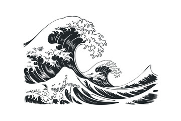 Naklejka premium Powerful crashing ocean waves drawn in black ink on white background