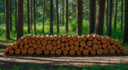 Stack of Cut Logs in a Forest Showing the End Grain of the Wood