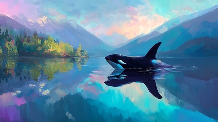 view of orca whales swimming in a beautiful lake