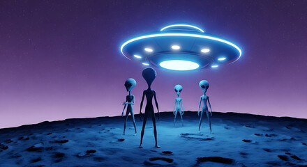 A group of grey aliens standing on a desolate planet under the glowing blue beam of their UFO spaceship