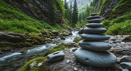Zen Stone Cairn Beside a Rushing Mountain Stream in a Lush Green Forest.